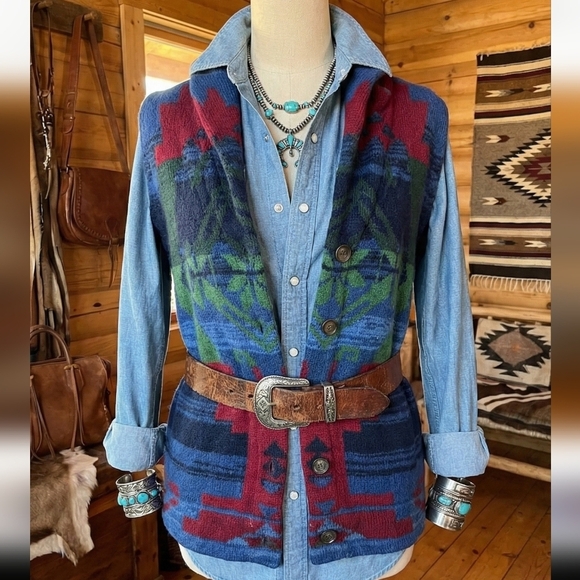 Chaps Other - Chaps Denim Hooded Sweater Vest Large Southwest Aztec Tribal Knit Button Front